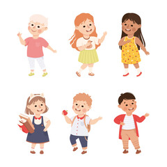 Little Boy and Girl Standing and Talking to Each Other Engaged in Friendly Communication Vector Set