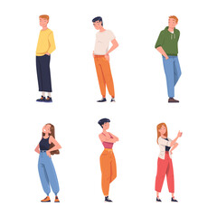 Obraz premium Young Smiling Man and Woman in Standing Pose Vector Illustration Set