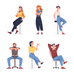 Young Smiling Man and Woman Sitting on Chair and in Standing Pose Vector Illustration Set