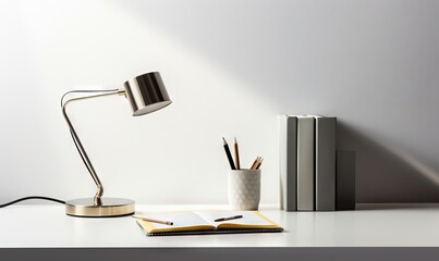  a desk with a lamp, books, and a pen and pencil holder on top of a white desk with a white wall in the background.  generative ai