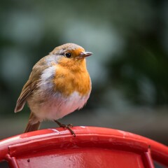 Robin bird perched on the edge of a red flowerpot.