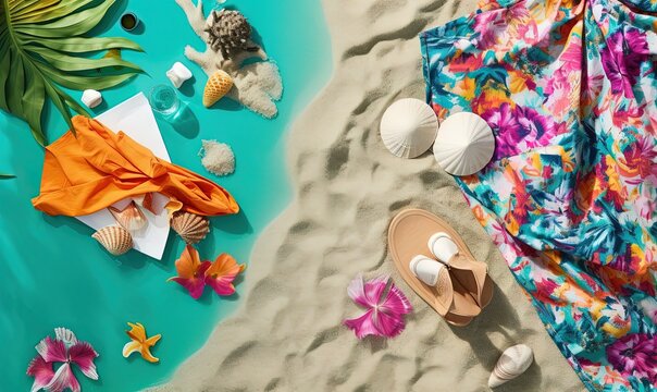  a beach scene with a towel, flip flops and seashells on the sand and a starfish on the beach with palm trees.  generative ai
