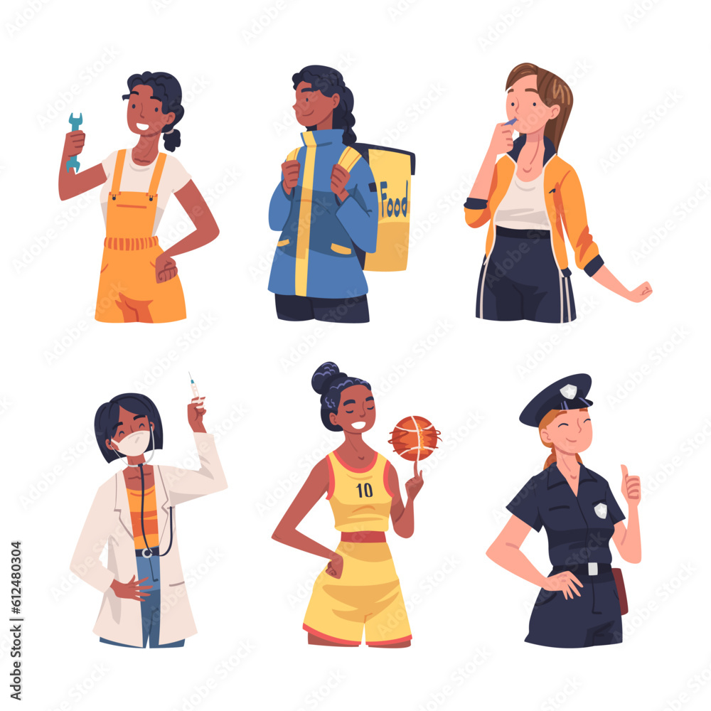 Sticker young woman having different profession wearing uniform vector illustration set