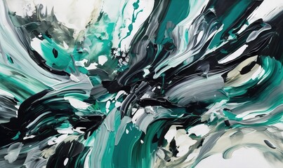  an abstract painting with black, white and green colors on a white background with a black and green design on the bottom of the painting.  generative ai