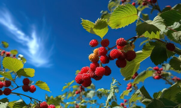  a bunch of raspberries hanging from a tree with green leaves and red berries on the branch with a blue sky in the background.  generative ai