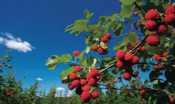  a bunch of red berries hanging from a tree with green leaves and a blue sky in the background with white clouds in the distance with a blue sky.  generative ai