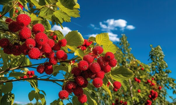  a bunch of red berries hanging from a tree with green leaves and blue sky in the background with clouds in the sky behind them,.  generative ai