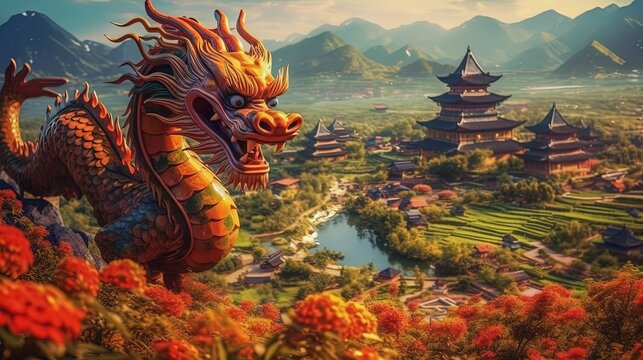 illustration of an ancient dragon fly over ancient Chinese kingdom, Generative Ai