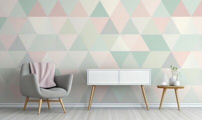  two chairs and a table in front of a wall with a geometric pattern on it and a side table with a plant in front of it.  generative ai