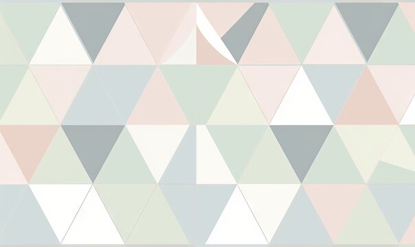  a wallpaper with a pattern of triangles in pastel shades of grey, pink, and green on a white background with a white border.  generative ai
