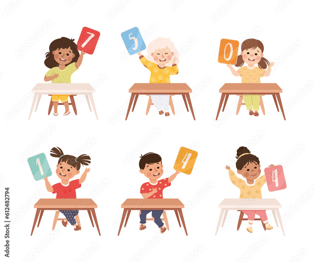 Canvas Prints little children with numbers sitting at desk showing card with numeral vector set