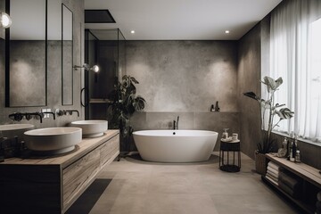 Fototapeta na wymiar Contemporary light grey bathroom with twin sink. Generative AI