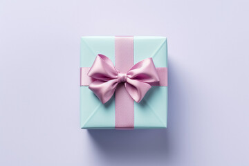 close up of blue present with pastel color ribbon on a purple background created with AI generative tools