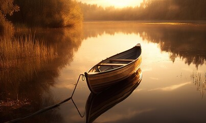  a small boat sitting on top of a lake next to tall grass and a forest in the background at sunset or sunrise or sunrise or dawn.  generative ai