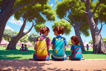 illustration of three girls with school satchel sitting under trees in park at summer sunny day, some trees and crowd in back, generative AI - obrazy, fototapety, plakaty