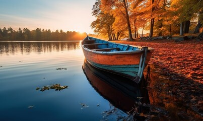  a small boat sitting on top of a lake next to a shore covered in leaves and a tree with orange leaves in the background at sunset.  generative ai