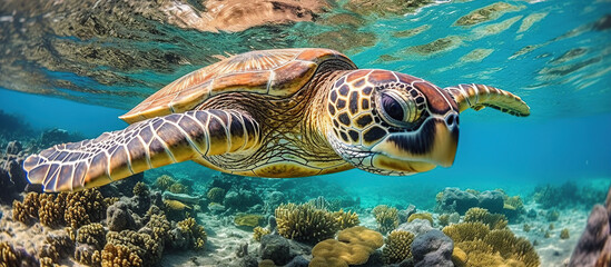 Fototapeta na wymiar Sea turtle in crystal clear water. Generative AI