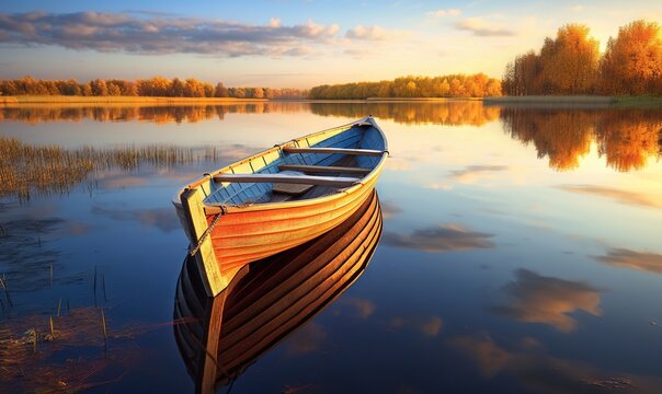  a boat is sitting on the water in a lake with a beautiful sky in the background and clouds in the sky above it, and a few trees in the foreground.  generative ai