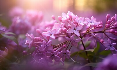  a bunch of purple flowers that are blooming in a field of purple flowers with the sun shining through the trees in the background and a blurry background.  generative ai