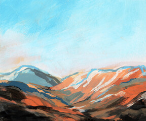 Abstract hand painted landscape. Versatile artistic image for creative design projects: posters, banners, cards, prints, covers, brochures, wallpapers. Gouache on paper. Artist-made art, no ai.