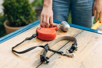 Closeup view of a woman grabbing a leash to walk the dog.