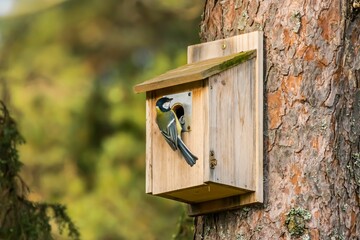 Beautiful shot of a cute Great tit on a wooden birdhouse