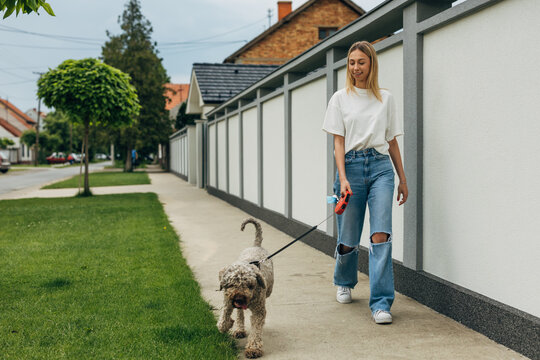 Pretty Young Woman Walking The Dog In The Neighborhood.