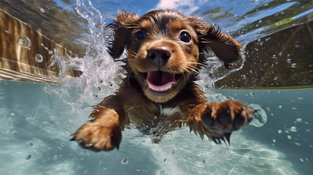 A delightful scene of a playful puppy splashing and frolicking in a sparkling pool, its joy and enthusiasm contagious Generative AI