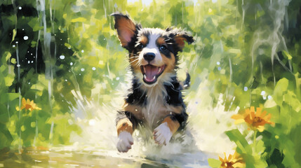 A joyful scene of a puppy leaping fearlessly into a sprinkler, water droplets cascading around it as it revels in the refreshing playtime Generative AI