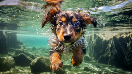 A playful puppy captured mid-dive into a crystal-clear river, capturing the essence of its carefree spirit and love for aquatic adventures Generative AI