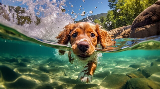 A playful puppy captured mid-dive into a crystal-clear river, capturing the essence of its carefree spirit and love for aquatic adventures Generative AI