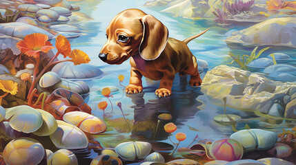 An endearing scene of a puppy exploring a shallow tide pool, its curiosity piqued by the fascinating creatures and seashells it discovers Generative AI