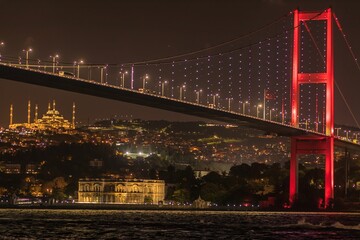 Bosphorus bridge at night in Istanbul, Turkey.
