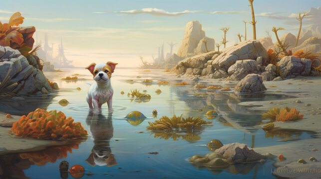 An endearing scene of a puppy exploring a shallow tide pool, its curiosity piqued by the fascinating creatures and seashells it discovers Generative AI