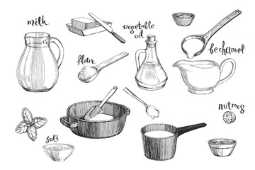 Vector vintage hand-drawn set of ingredients for cooking bechamel isolated on white. Collection of sketches of products for making sauce. - 612485588