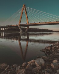 View of the Christopher S. Bond Bridge over Missouri River in Kansas City, from the riverfront park