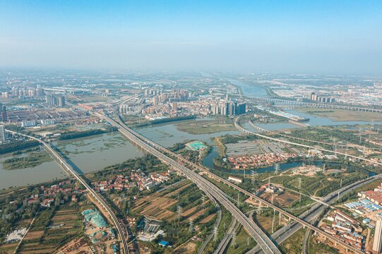 Bird's eye view of Zibo city skyline in China on a sunny day
