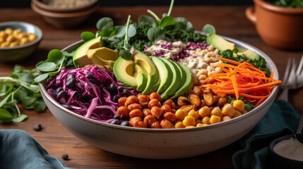 A colorful Buddha bowl filled with a variety of fresh vegetables and plant-based protein sources