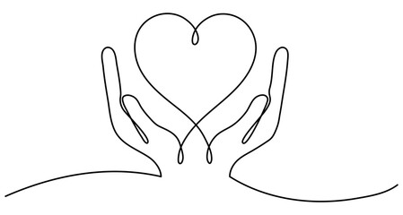 Continuous one line drawing hands holding heart. Charity donation linear concept. Vector isolated on white.