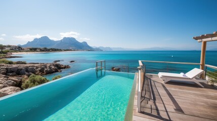 Fototapeta na wymiar Villa on the island of Sardinia or Capri, with luxurious amenities, private beach access, and panoramic views of the crystal clear waters