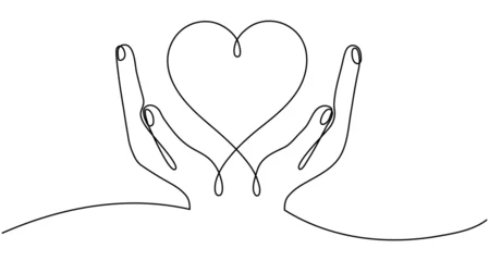 Fototapete Eine Linie Continuous one line drawing hands holding heart. Charity donation linear concept. Vector isolated on white.