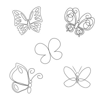 set of butterflies on a white background. vector contour drawing. doodle coloring book. eps