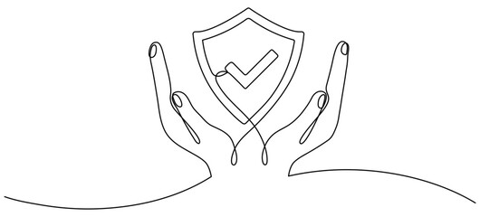 Hands holding shield badge continuous line drawing. Approval check guard symbol. Vector illustration isolated on white.