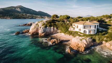 Fototapeta premium Villa on the island of Sardinia or Capri, with luxurious amenities, private beach access, and panoramic views of the crystal clear waters