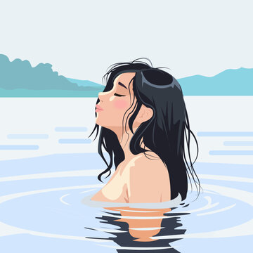 Vector illustration in flat cartoon style. Sexy young brunette with wet hair and naked body is standing in the water
