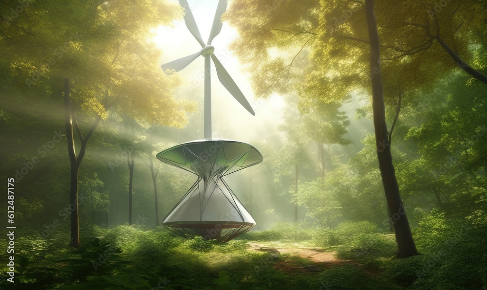 Wall mural  a wind turbine in the middle of a forest with a path leading to it and a wind turbine in the middle of the forest with a wind turbine in the middle of the forest.  generative ai