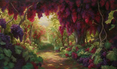  a painting of a path in a forest with purple flowers and green leaves on the sides of the path is a path that leads to a lush green area with purple flowers and red leaves.  generative ai