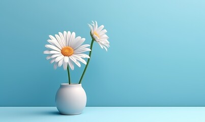  two white daisies in a white vase on a blue background with a light blue background and a light blue wall in the back ground.  generative ai