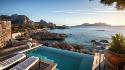 Fototapeta premium Villa on the island of Sardinia or Capri, with luxurious amenities, private beach access, and panoramic views of the crystal clear waters
