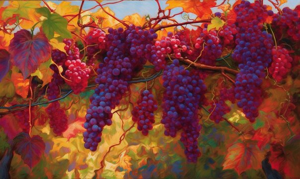  a painting of a bunch of grapes hanging from a vine with autumn leaves in the foreground and a blue sky in the back ground.  generative ai